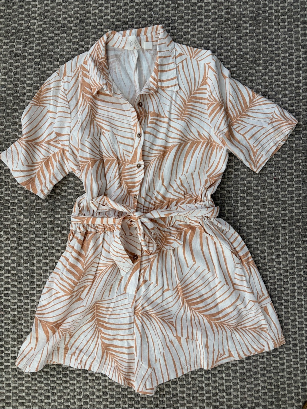 Roxy Tropical Leaf Print Short Sleeve Romper - White & Tan